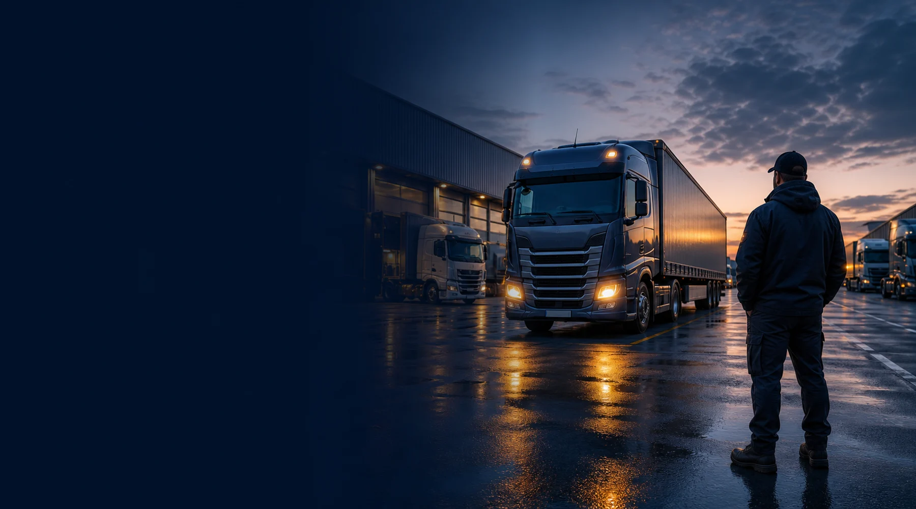 European truck fleet at a logistics depot at dusk