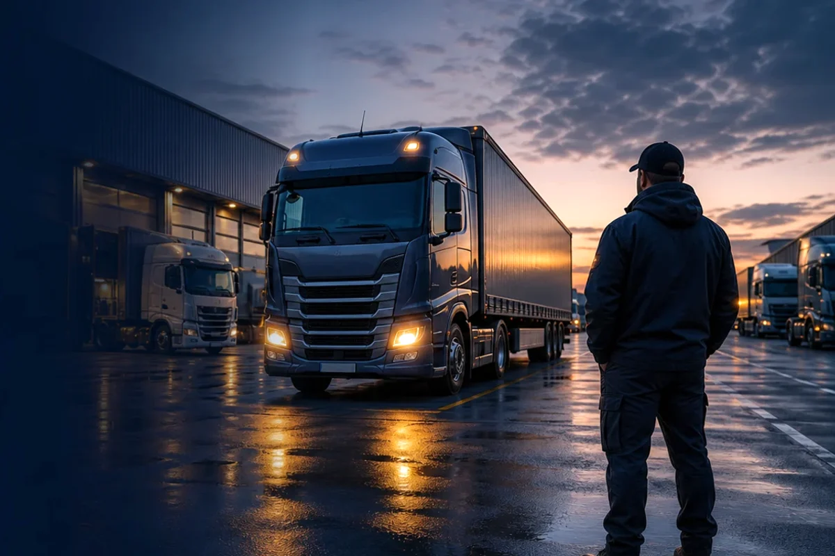 Unbranded C plus E articulated truck at a European logistics depot